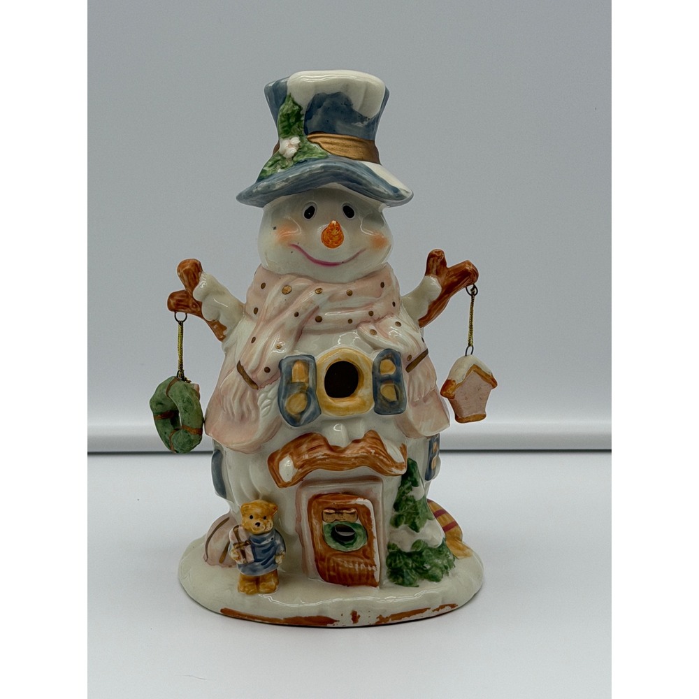 Ceramic Snowman Tea Light Holder Holiday House Figurine Blue Hat Pink Scarf